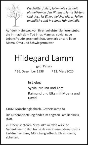 Traueranzeige von Hildegard Lamm von trauer.extra-tipp-moenchengladbach.de