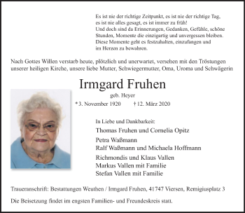 Traueranzeige von Irmgard Fruhen von trauer.extra-tipp-moenchengladbach.de