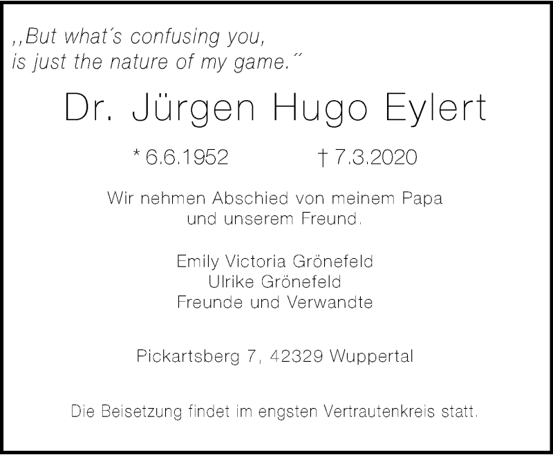  Traueranzeige für Jürgen Hugo Eylert vom 14.03.2020 aus trauer.wuppertaler-rundschau.de