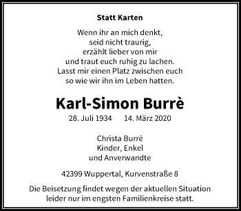 Traueranzeige von Karl-Simon Burre von trauer.wuppertaler-rundschau.de