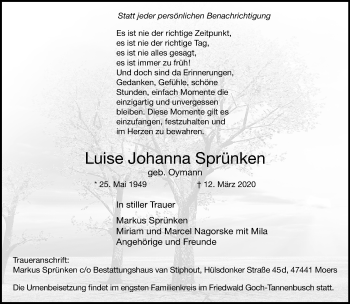 Traueranzeige von Luise Johanna Sprünken von trauer.stadt-panorame.de