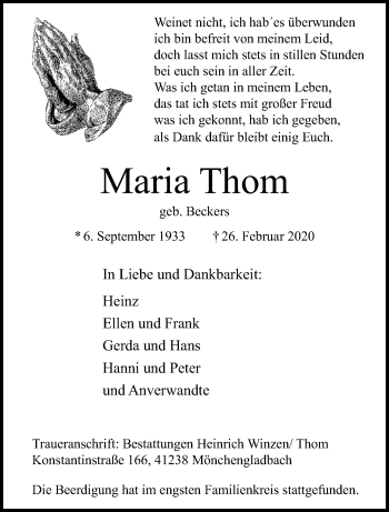 Traueranzeige von Maria Thom von trauer.extra-tipp-moenchengladbach.de