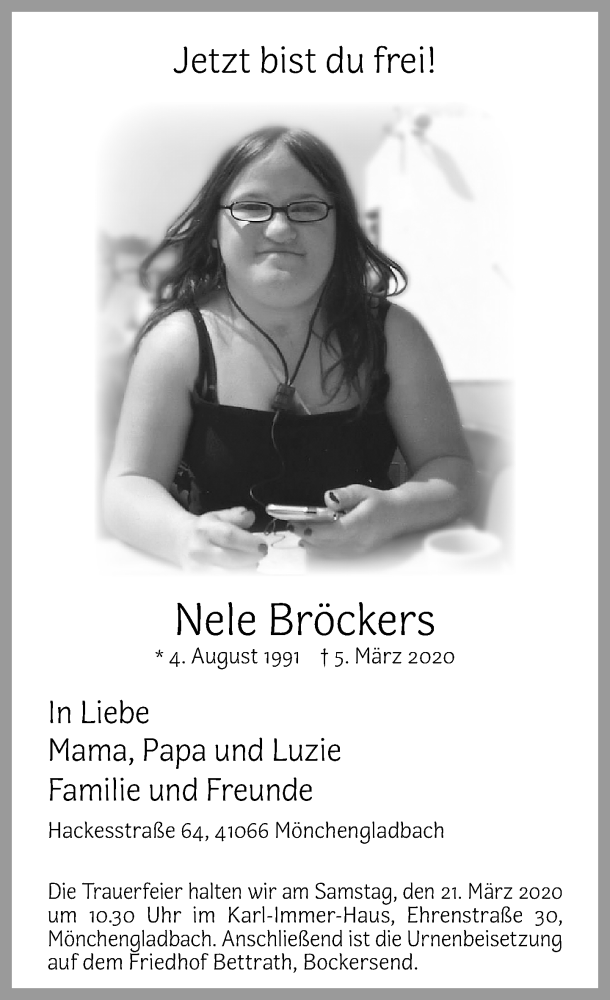  Traueranzeige für Nele Bröckers vom 15.03.2020 aus trauer.extra-tipp-moenchengladbach.de