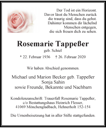 Traueranzeige von Rosemarie Tappeßer von trauer.extra-tipp-moenchengladbach.de