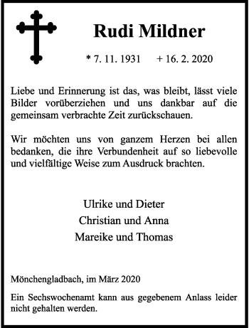 Traueranzeige von Rudi Mildner von trauer.extra-tipp-moenchengladbach.de