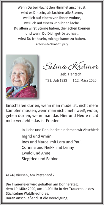 Traueranzeige von Selma Krämer von trauer.extra-tipp-moenchengladbach.de