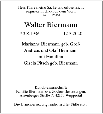 Traueranzeige von Walter Biermann von trauer.wuppertaler-rundschau.de