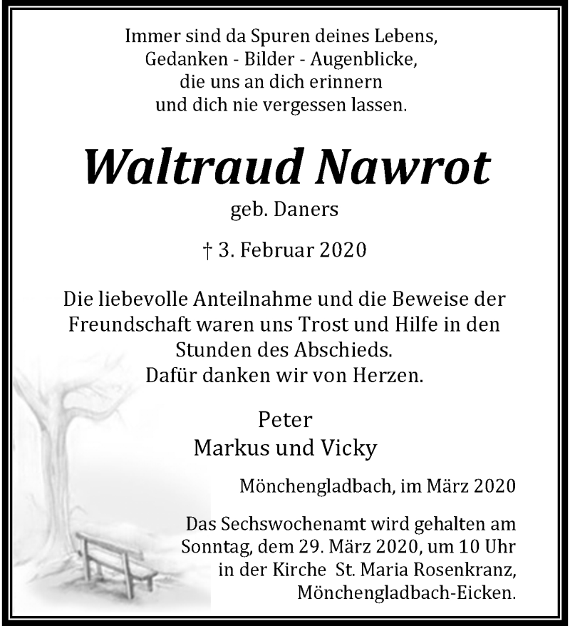  Traueranzeige für Waltraud Nawrot vom 22.03.2020 aus trauer.extra-tipp-moenchengladbach.de