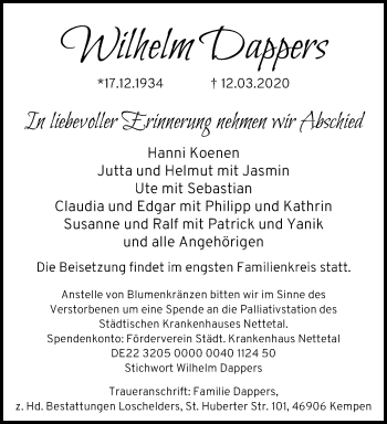 Traueranzeige von Wilhelm Dappers von trauer.mein.krefeld.de