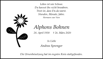 Traueranzeige von Alphons Bohnen von trauer.extra-tipp-moenchengladbach.de
