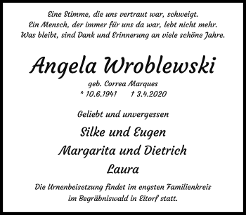 Traueranzeige von Angela Wroblewski von trauer.extra-tipp-moenchengladbach.de