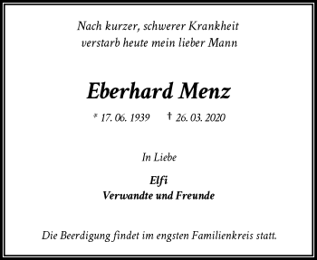 Traueranzeige von Eberhard Menz von trauer.wuppertaler-rundschau.de