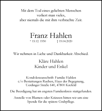 Traueranzeige von Franz Hahlen von trauer.mein.krefeld.de