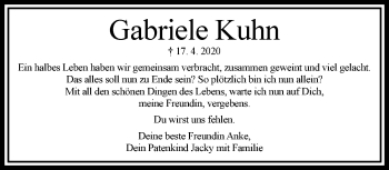 Traueranzeige von Gabriele Kuhn von trauer.wuppertaler-rundschau.de