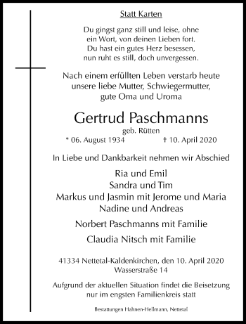 Traueranzeige von Gertrud Paschmanns von trauer.extra-tipp-moenchengladbach.de