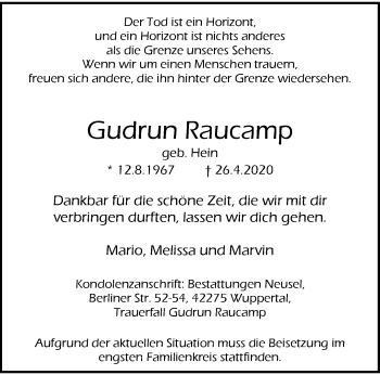 Traueranzeige von Gudrun Raucamp von trauer.wuppertaler-rundschau.de