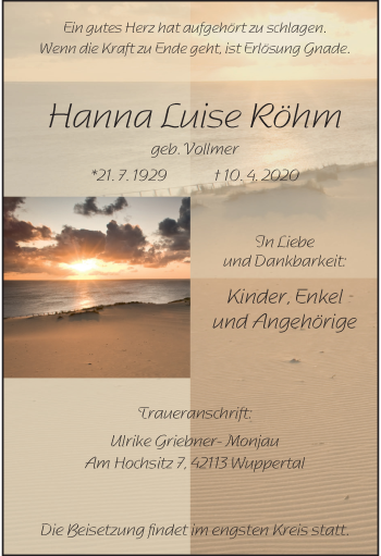 Traueranzeige von Hanna Luise Röhm von trauer.wuppertaler-rundschau.de