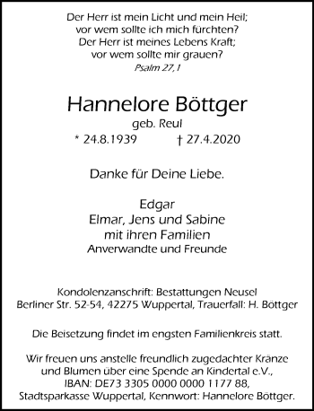 Traueranzeige von Hannelore Böttger von trauer.wuppertaler-rundschau.de