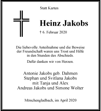 Traueranzeige von Heinz Jakobs von trauer.extra-tipp-moenchengladbach.de