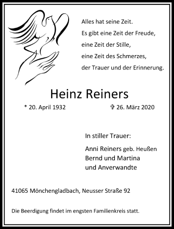 Traueranzeige von Heinz Reiners von trauer.extra-tipp-moenchengladbach.de