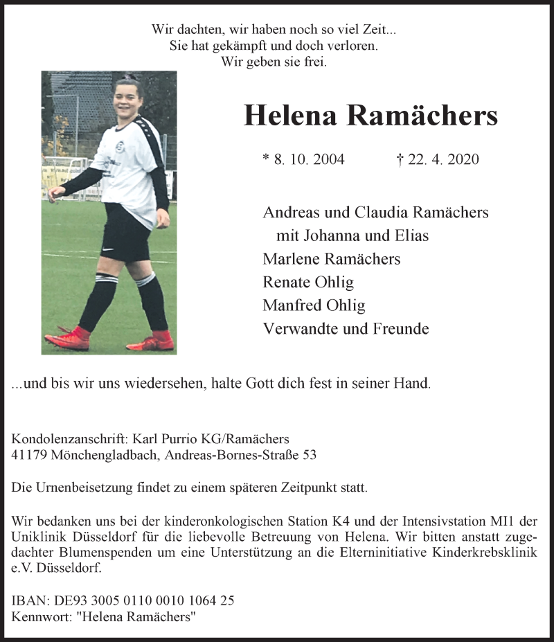  Traueranzeige für Helena Ramächers vom 26.04.2020 aus trauer.extra-tipp-moenchengladbach.de