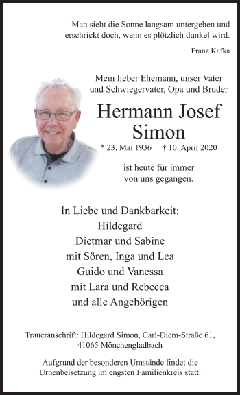 Traueranzeige von Hermann Josef Simon von trauer.extra-tipp-moenchengladbach.de