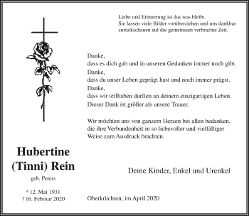 Traueranzeige von Hubertine Rein von trauer.extra-tipp-moenchengladbach.de