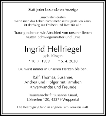 Traueranzeige von Ingrid Hellriegel von trauer.wuppertaler-rundschau.de