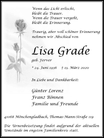 Traueranzeige von Lisa Grade von trauer.extra-tipp-moenchengladbach.de