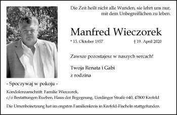 Traueranzeige von Manfred Wieczorek von trauer.mein.krefeld.de