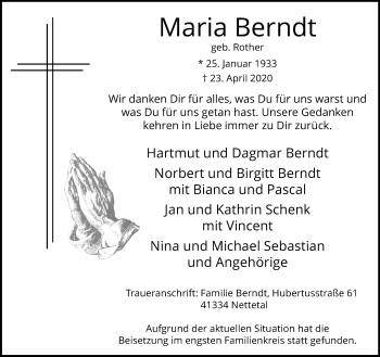 Traueranzeige von Maria Berndt von trauer.extra-tipp-moenchengladbach.de