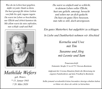 Traueranzeige von Mathilde Wefers von trauer.extra-tipp-moenchengladbach.de