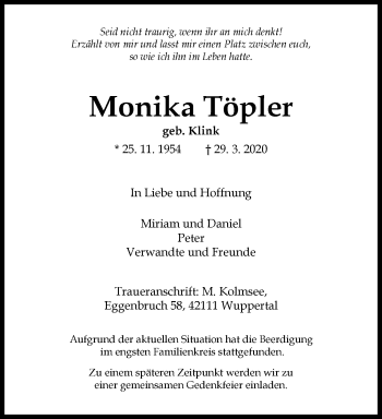 Traueranzeige von Monika Töpler von trauer.wuppertaler-rundschau.de