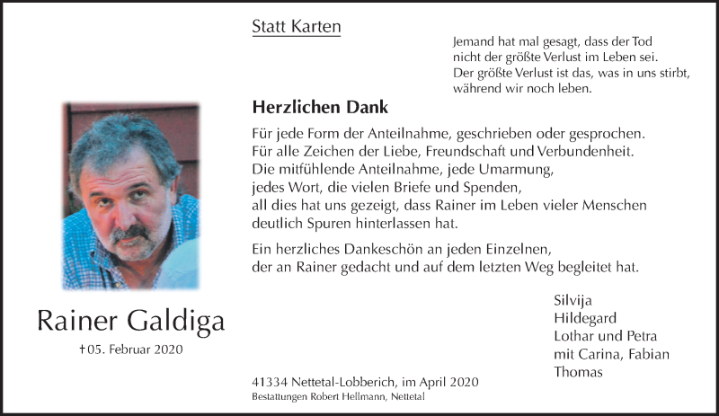  Traueranzeige für Rainer Galdiga vom 05.04.2020 aus trauer.extra-tipp-moenchengladbach.de