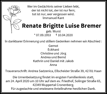 Traueranzeige von Renate Brigitte Luise Bremer von trauer.wuppertaler-rundschau.de