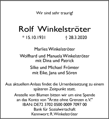 Traueranzeige von Rolf Winkelströter von trauer.wuppertaler-rundschau.de