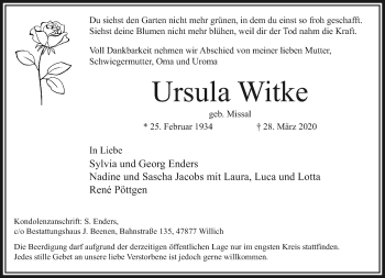 Traueranzeige von Ursula Witke von trauer.extra-tipp-moenchengladbach.de