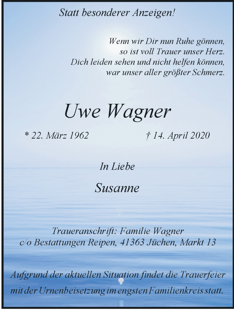  Traueranzeige für Uwe Wagner vom 22.04.2020 aus trauer.stadt-kurier.de