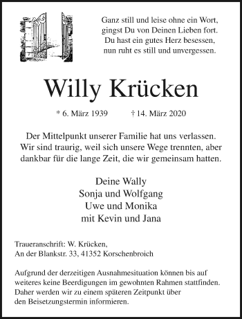 Traueranzeige von Willy Krücken von trauer.extra-tipp-moenchengladbach.de
