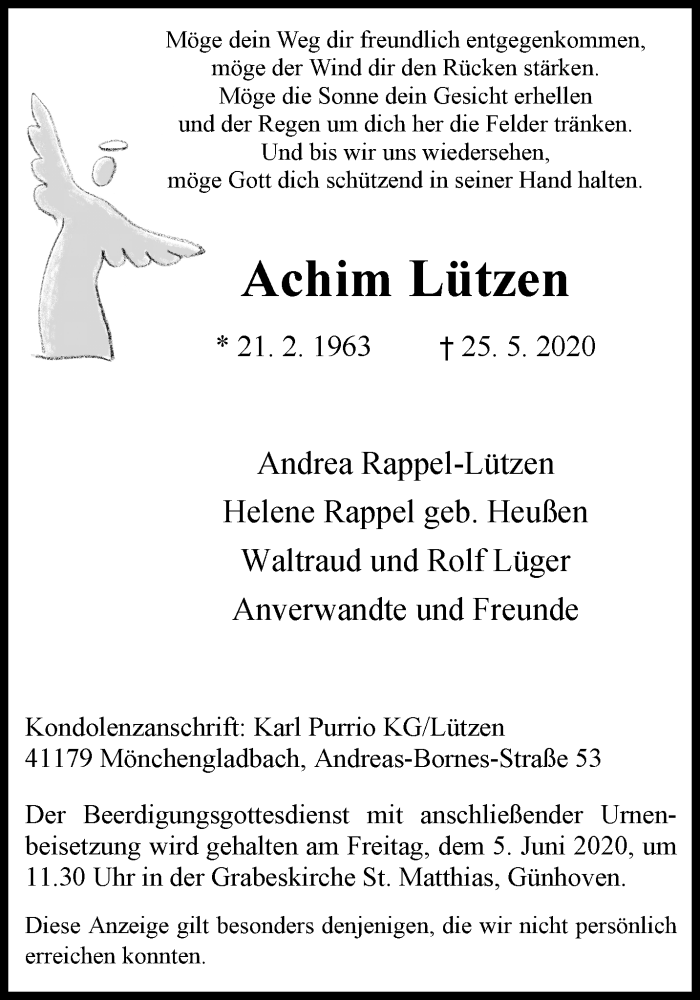  Traueranzeige für Achim Lützen vom 31.05.2020 aus trauer.extra-tipp-moenchengladbach.de