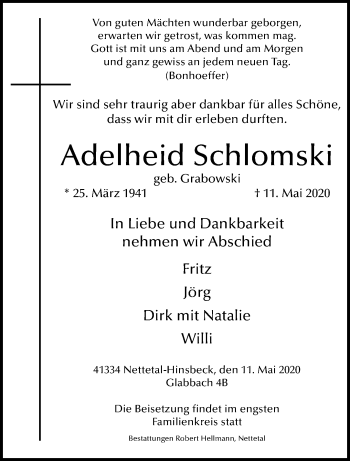 Traueranzeige von Adelheid Schlomski von trauer.extra-tipp-moenchengladbach.de