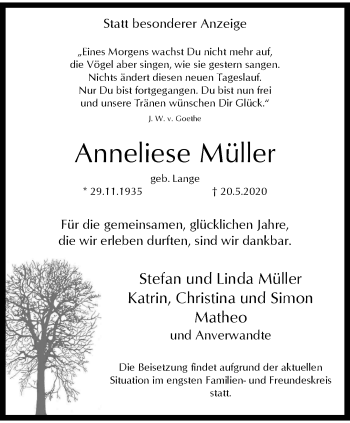 Traueranzeige von Anneliese Müller von trauer.wuppertaler-rundschau.de