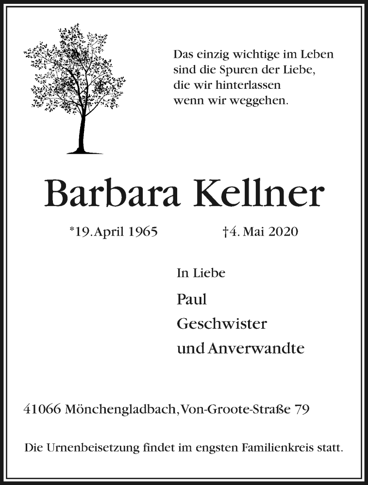  Traueranzeige für Barbara Kellner vom 10.05.2020 aus trauer.extra-tipp-moenchengladbach.de