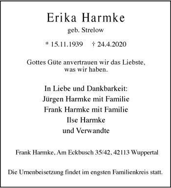 Traueranzeige von Erika Harmke von trauer.wuppertaler-rundschau.de