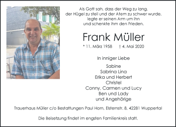 Traueranzeige von Frank Müller von trauer.wuppertaler-rundschau.de