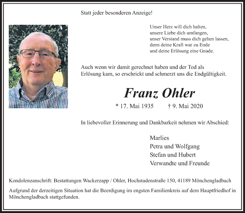  Traueranzeige für Franz Ohler vom 24.05.2020 aus trauer.extra-tipp-moenchengladbach.de
