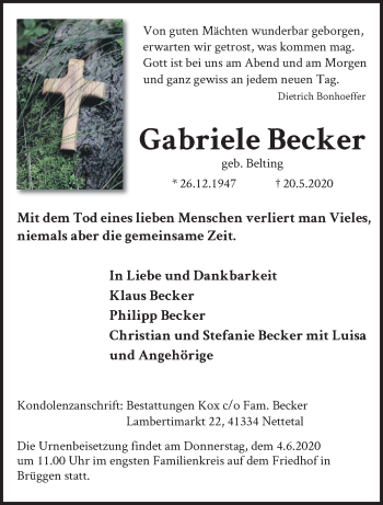 Traueranzeige von Gabriele Becker von trauer.extra-tipp-moenchengladbach.de