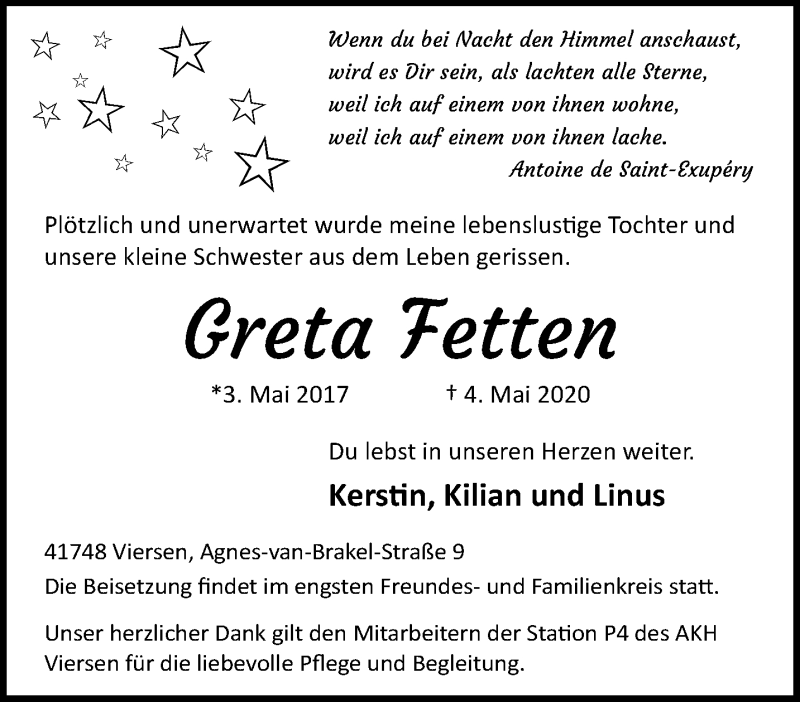  Traueranzeige für Greta Fetten vom 10.05.2020 aus trauer.extra-tipp-moenchengladbach.de
