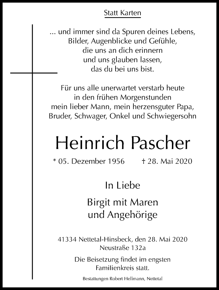  Traueranzeige für Heinrich Pascher vom 31.05.2020 aus trauer.extra-tipp-moenchengladbach.de