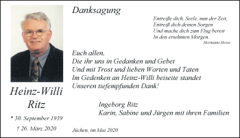 Traueranzeige von Heinz-Willi Ritz von trauer.stadt-kurier.de